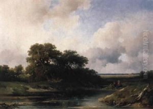 A Wooded Landscape With Figures On A Bank Of A Pond by Willem Roelofs