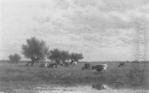 Cows In A Meadow Along A Stream by Willem Roelofs