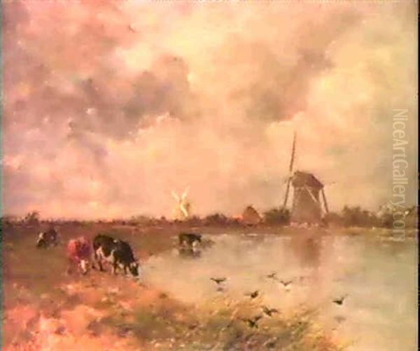 A Polderlandscape With Watering Cows, Windmills And A Village In The Distance - view 1