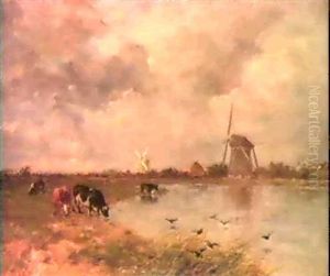 A Polderlandscape With Watering Cows, Windmills And         A Village In The Distance