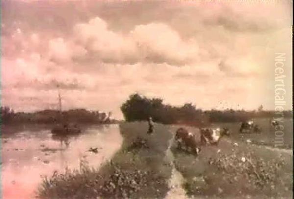 Summer: Cows In A Meadow By A Canal Near Schiedam - view 1