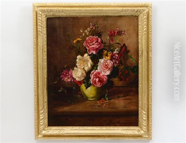 Still Life Of Roses, Chrysanthemums And Other Flowers In A Green Vase On A Wooden Ledge - view 1