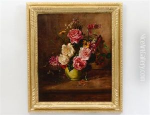 Still Life Of Roses, Chrysanthemums And Other Flowers In A Green Vase On A Wooden Ledge