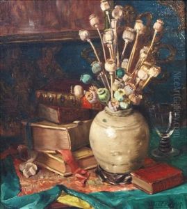 Stillife With Flowers And Books by Willem Elisa Roelofs