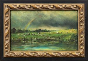 Landscape With Rainbow And Cattle by Willem Elisa Roelofs