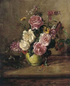 Roses, Chrysanthemums And Other Flowers In A Green Vase, On A Wooden Ledge