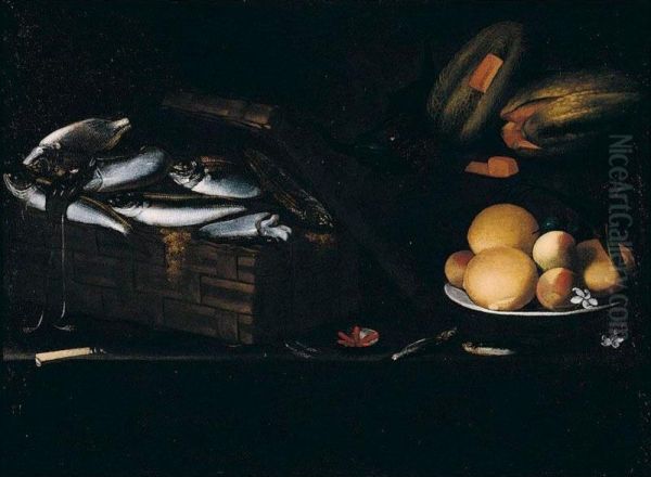 Still Life Of Fish And Squid In A Basket, Oranges And Peaches On A Plate, Together With Melons And A Knife, Arranged Upon A Table-top - view 1