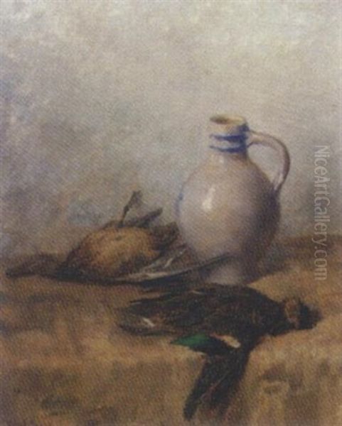 Hunting Trophies By An Earthenware Jug On A Draped Ledge - view 1