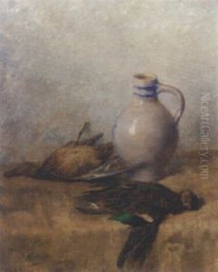 Hunting Trophies By An Earthenware Jug On A Draped Ledge