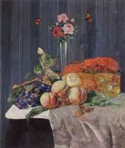 A Still Life With Roses In A Glass Vase, A Lobster, Butterflies, A Glass Of Wine And Fruits On A Table by Willem Elisa Roelofs