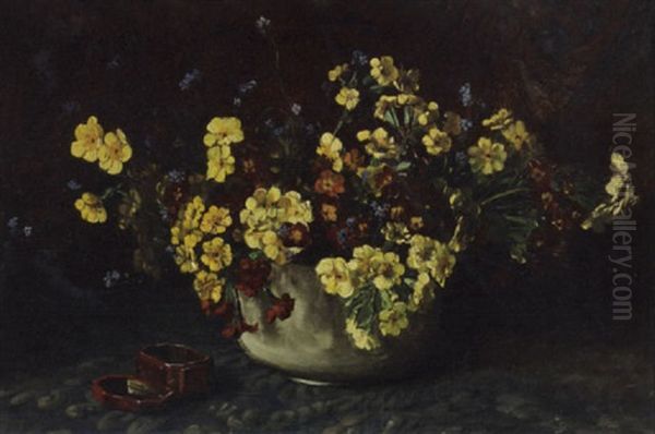 Forget-me-nots And Primulas In A Pot With A Lacquer Box - view 1