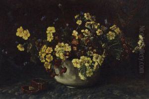 Forget-me-nots And Primulas In A Pot With A Lacquer Box