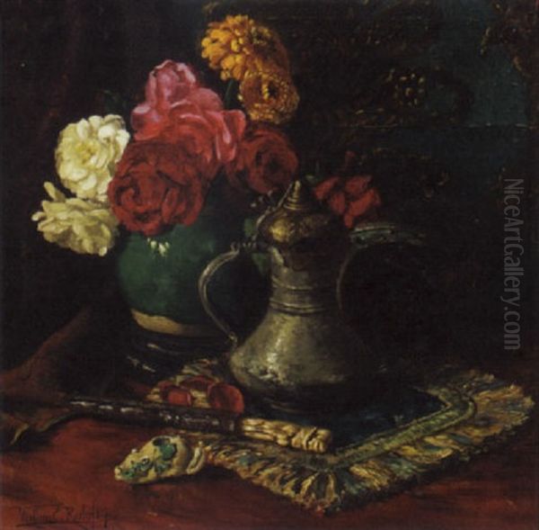 Roses In A Chinese Jar Amongst Oriental Objects - view 1