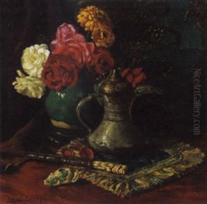 Roses In A Chinese Jar Amongst Oriental Objects by Willem Elisa Roelofs