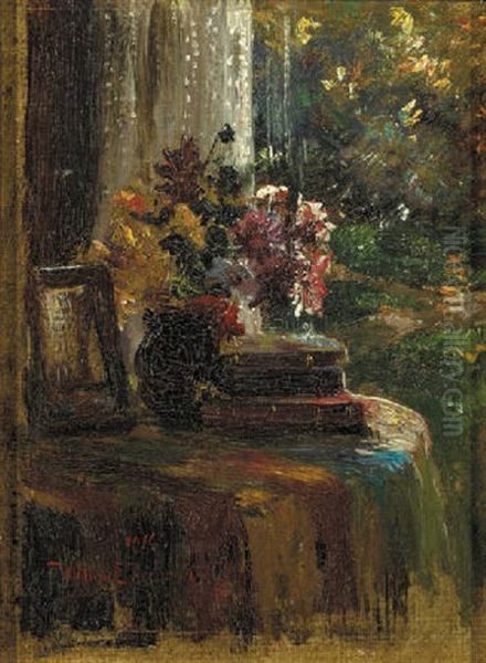 A Still Life Of A Mixed Bouquet And Books On A Table - view 1