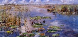 Plaslandschap Met Visser In Het Riet