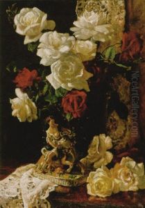 Stilleven Met Rozen En Porseleine Groep Van De Ontvoering Van Europa by Willem Elisa Roelofs