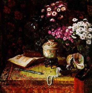 Still Life With Flowers, Books, Shells And Pearls by Willem Elisa Roelofs