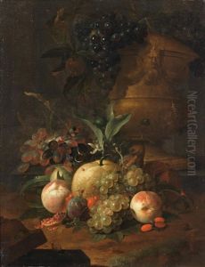 Peaches, Plums, Grapes And Other Fruit In A Landscape by Coenraet Roepel