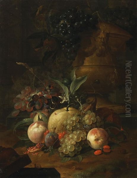 A Still Life Of Fruit In Front Of A Stone Vase - view 1