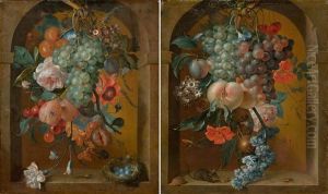 Pair Of Works: Still Life Of Flowers With A Mouse / Still Life Of Flowers With A Bird"s Nest by Coenraet Roepel