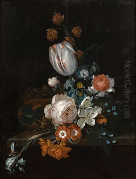 Bouquet De Fleurs Et Nid D'oiseau Sur Un Entablement - view 1