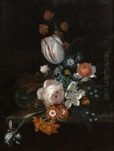Bouquet De Fleurs Et Nid D'oiseau Sur Un Entablement by Coenraet Roepel