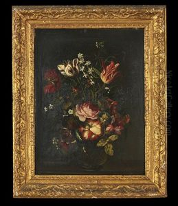 Still Life Of Flowers In A Glass Vase And A Butterfly