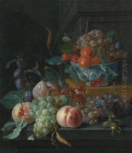 Still Life Of Fruit On A Ledge And In A Blue And White Porcelain Bowl by Coenraet Roepel