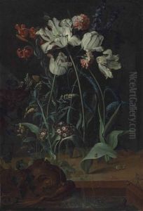 Parrot Tulips, Carnations, Turk-cap Lilies And Other Flowers With A Snail, A Frog And Insects By A Fountain With A Sculpted Dolphin by Coenraet Roepel