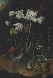 Parrot Tulips, Narcissi, Carnations And Other Flowers, With Primroses In A Bronze Urn