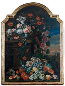 Nature Morte De Fleurs Et De Fruits Dans Un Paysage
