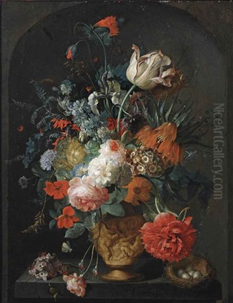 Roses, Tulips, Anemones, Irises, Ranunculus, A Larkspur, A Hyacinth, Auricula, A Peony, A Crown Imperial Lily And Other Flowers In A Sculpted Vase, With A Snail And A Bird's Nest On A Pedestal In A Stone Niche - view 1
