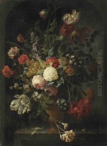 Violets, Pink And White Roses, Carnations, Tulips, Blue Morning Glory, A Peony, A Hyacinth And Various Other Flowers In A Vase, On A Stone Ledge With A Pupa And A Snail by Coenraet Roepel