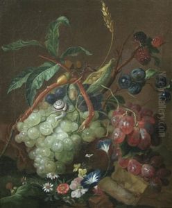 Still Life Of Grapes, Wheat, Acorns, Flowers And A Snail