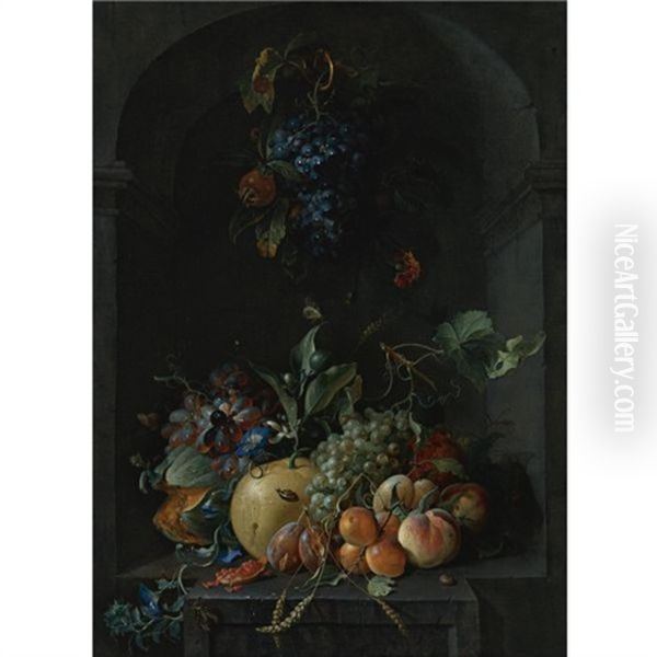 Still Life Of Grapes, Melons, Peaches, Plums And Other Fruit With Morning Glory And Shafts Of Wheat In A Stone Niche, With A Bunch Of Grapes And Medlars Hanging Above - view 1