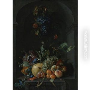 Still Life Of Grapes, Melons, Peaches, Plums And Other Fruit With Morning Glory And Shafts Of Wheat In A Stone Niche, With A Bunch Of Grapes And Medlars Hanging Above by Coenraet Roepel