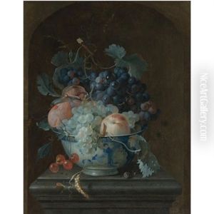 Still Life With Grapes, Cherries, Peaches And A Fig In A Porcelain Bowl Resting On A Ledge Before A Stone Niche by Coenraet Roepel
