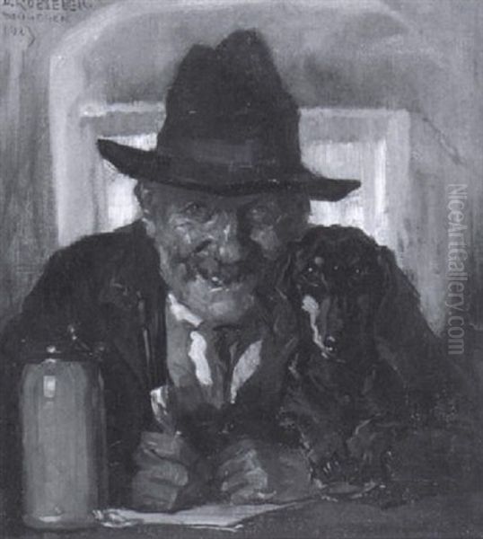 Bauer Mit Dackel Am Wirtshaustisch - view 1