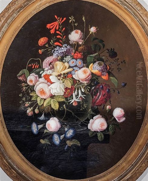 Still Life Of Flowers In A Glass Vase On A Marble Ledge - view 1