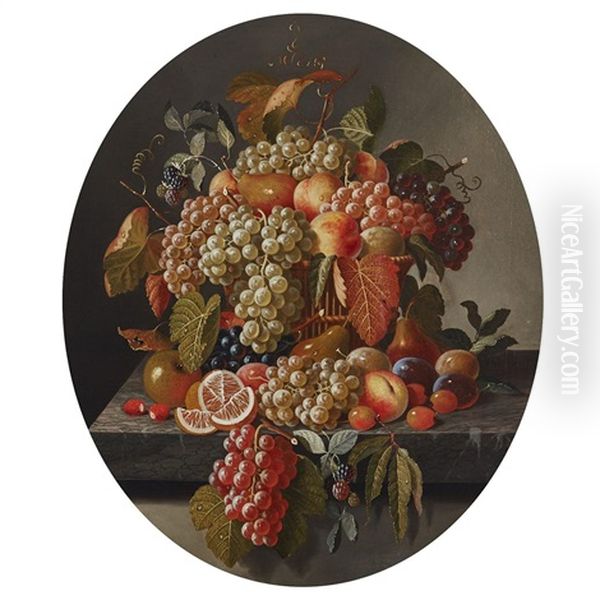 Grapes, Oranges, Pears And Plums, Apples And Berries In A Basket On A Marbleized Ledge - view 1