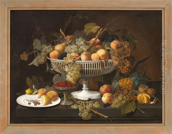 Opulent Still Life Of A White Compote Overflowing With Fruit - view 1