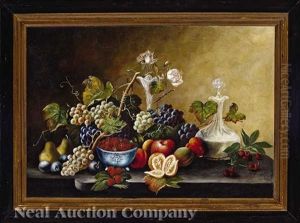 A Painted Porcelain Bowl And Two Crystal Vessels With Grapes, Pears, Plums, Strawberries, Peaches And Cherries, And An Apple And Orange by Severin Roesen