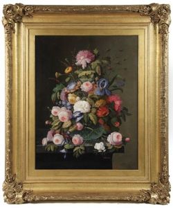 Sumptuous Floral Still Life Of Spring Flowers In Glass Vase On Marbletop Table by Severin Roesen