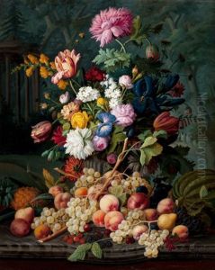 Still Life With Fruit And Flowers In A Landscape by Severin Roesen