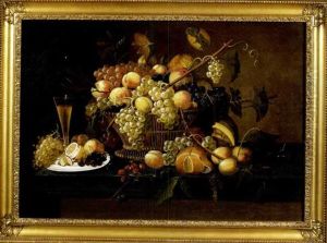 Still-life Of Fruit, Basket And Glass Of Wine by Severin Roesen