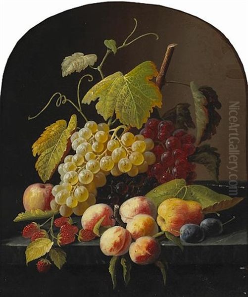 A Still Life With Grapes, Peaches And Other Fruit On A Ledge (collab. W/studio) by Severin Roesen