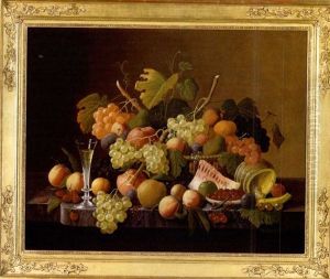Still Life Of Fruit And A Champagne Flute On A Marble Slab by Severin Roesen