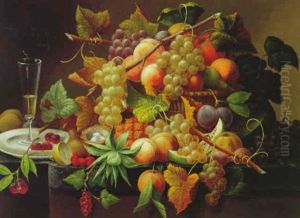 Still Life Of Grapes, Peaches, Plums And A Pineapple With A Glass Vase On A Marble Ledge