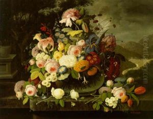 Still Life With Flowers In A Landscape by Severin Roesen